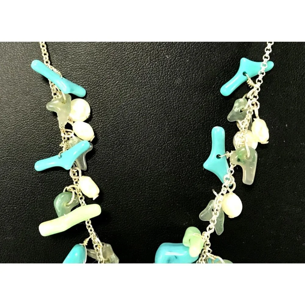 Silver Tone Cluster Fringe Y-Drop Necklace Faux Blue Coral n Pearls Real Shells - Picture 5 of 6